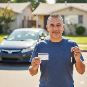 a man holding car key and ebt insurance card in his hand