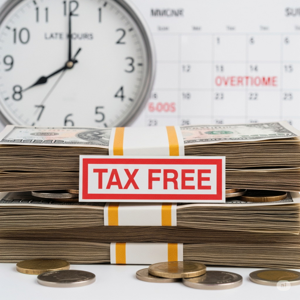 US currency with 'TAX FREE' label, representing no tax on tips and overtime income for tax calculators website.