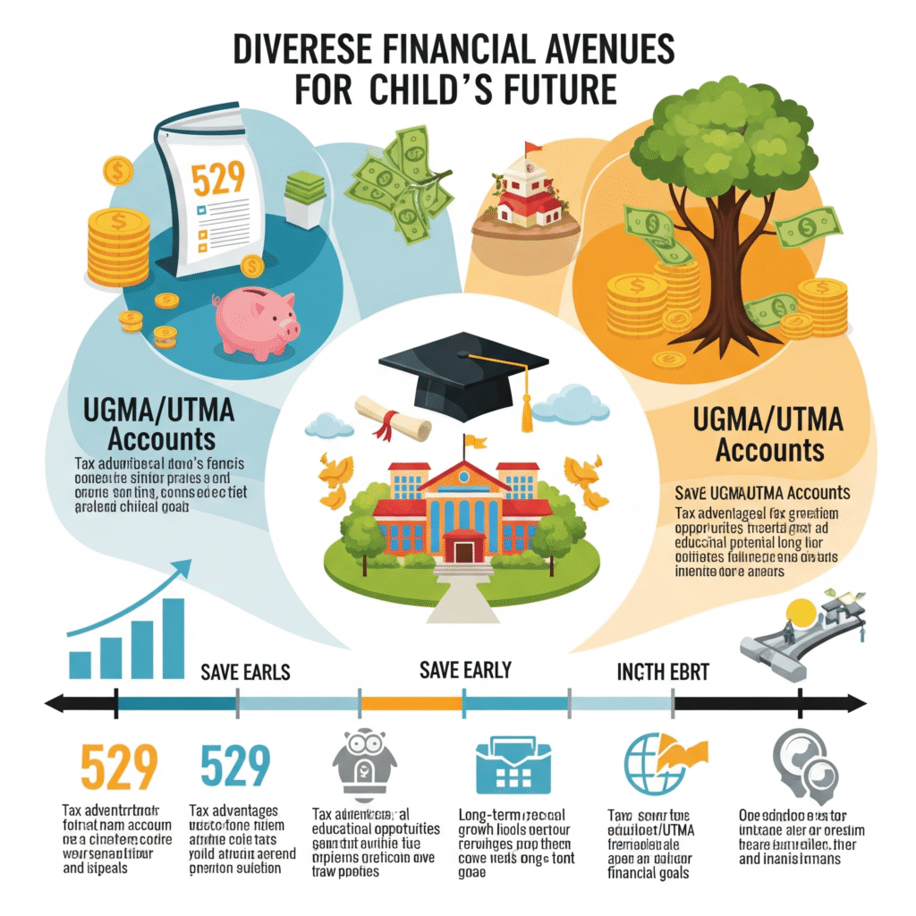 Diverse Financial Avenues for Child's Future" showing different pathways for saving. It features elements representing 529 plans (a piggy bank and stacks of money), UGMA/UTMA accounts