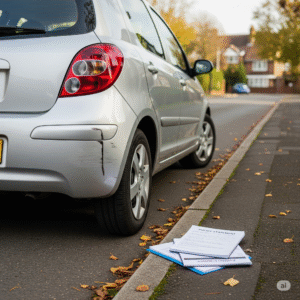 A silver car with a minor dent and scratch on the rear bumper, parked on a street with insurance documents lying on the pavement next to it, symbolizing the impact of an accident on car insurance.