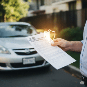 Hand holding a loan document with a car in the background, illustrating the concept of CPI insurance protecting a lender's asset.
