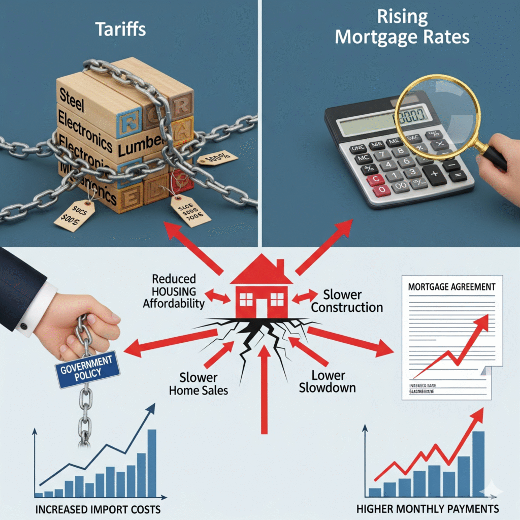 Visual representation of tariffs and government policy impacting the housing market, leading to increased import costs, higher mortgage rates, and reduced affordability.