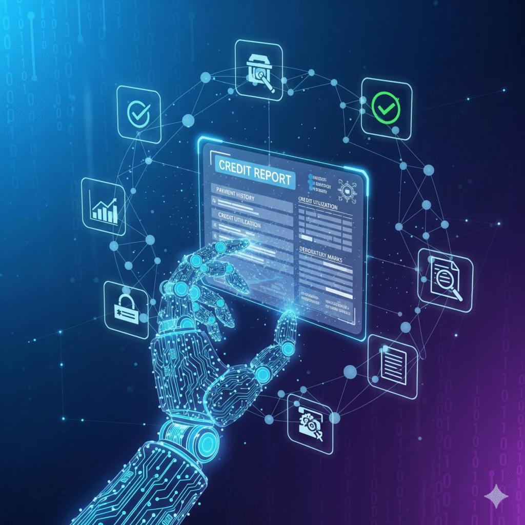 A circuit-board-patterned robot hand interacts with a holographic credit report, surrounded by a network of credit repair icons, symbolizing AI and automation in financial services.