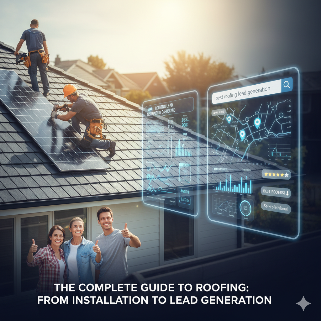 Roofers installing solar panels on a house, with an overlaid digital interface showing "best roofing lead generation" search results, a lead generation dashboard, and happy homeowners.